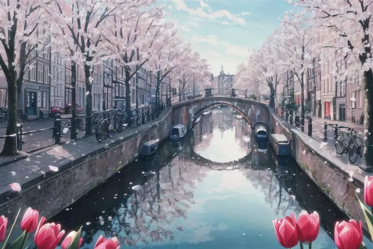 a profestional picutre of spring,Amsterdam,Netherlands: Amsterdam embraces spring along its historic canals,where tulips line the streets,outdoor cafes bloom with life,and the city's iconic architecture is complemented by the blossoming of cherry and apple trees.,wide angle,landscape,photorealism,unreal 5 daz,extremely detailed,((ultrasharp)),((masterpiece)),((best quality)),((ultradetailed)),((intricated details)),extremaly detailed background,<lora:add_detail:0.7>, ultra realistic,32k,RAW photo,8k,dslr,soft lighting,high quality,film grain,beautiful and aesthetic,extremely detailed,natural shadows,<hypernet:sxzBloom_sxzBloom:0.7>,