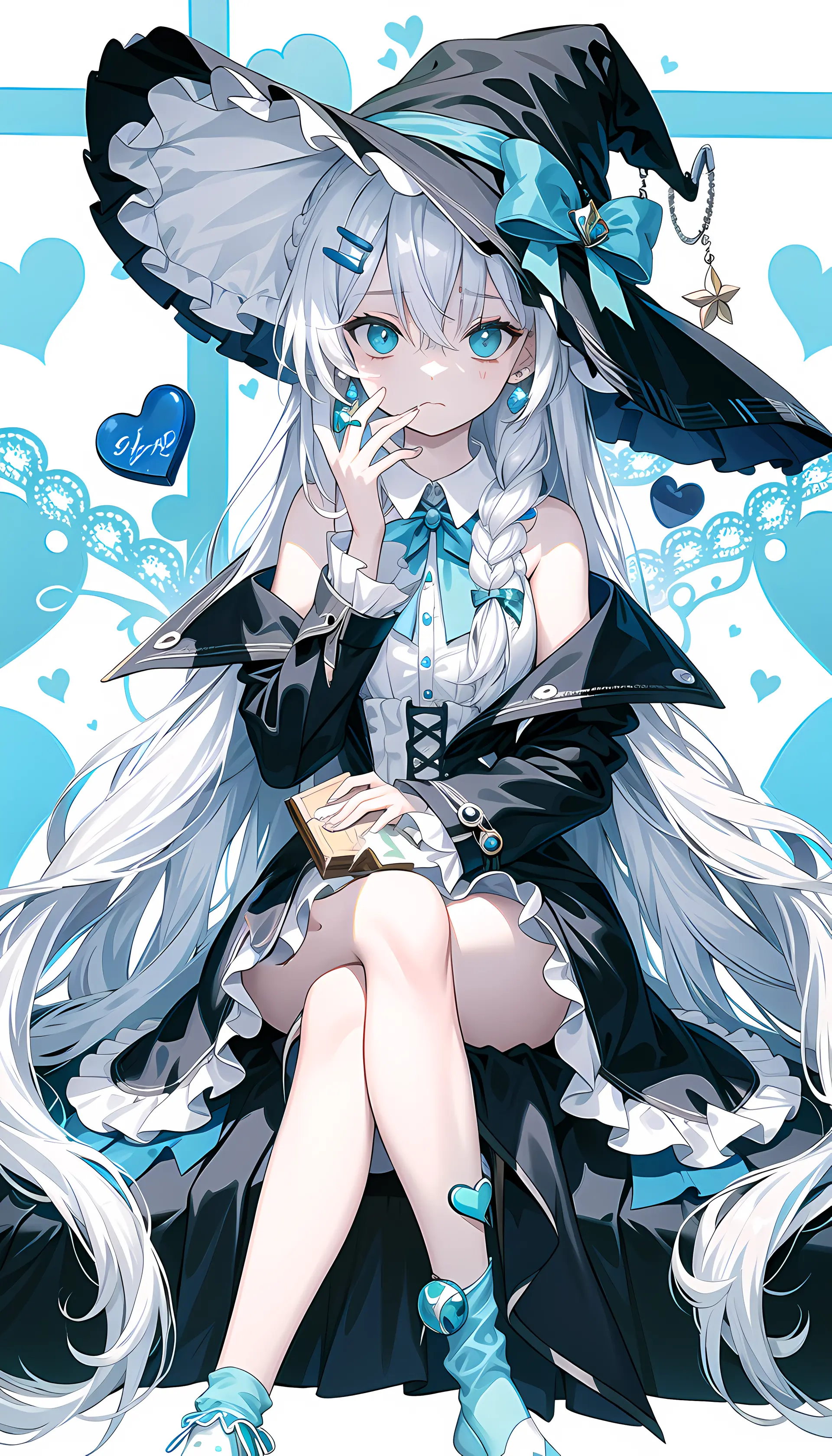white hair, messy hair, long hair, (expressive eyes, green eyes, glowing eyes),Witch hat,(Many blue chocolates arround her:1.2),switch,
\\
masterpiece,best quality,flat color,offical art,white theme,(ultra-detailed),(illustration),ink and wash painting,blue eyes,cold face,looking_at_viewer,1 girl,solo,[(white hair:1.2):(blue hair:1.2):0.5],long hair,wavy hair,bare shoulder,((cold expression)),black ta dress,black skirt,cute face,white socks,blue_ inner_hair,shawl,thighs,anklet,femoral ring,braid, chocolate, hairclip, closed mouth, holding food,+_+, earrings, heart hair ornament, looking at viewer, piercing, braid, smile,crossed legs