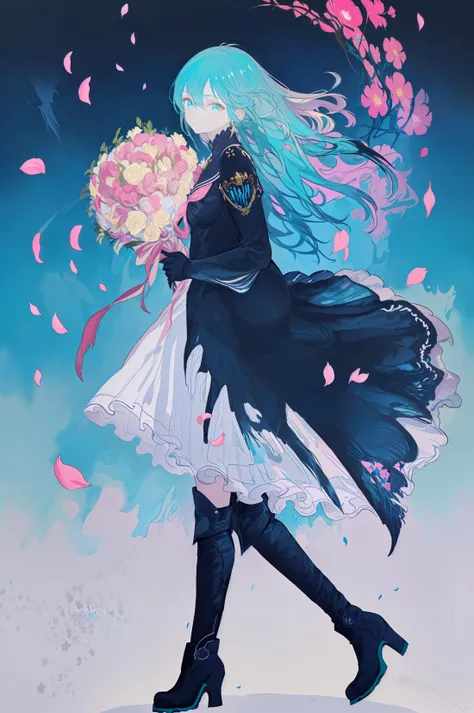 masterpiece, best quality, extreme detail, masterpiece, best quality, 4k, 8k, PIXIV, (illustration), a girl, solo, long hair, aqua hair, full body, stand, from side, cool, shy, (white boots), (holding bouquet), light, (abstract background), blue theme, cool, (golden theme), pink theme, looking at viewer,
(breeze blow hair), petals, dark, <lora:Iridescence:0.7>,