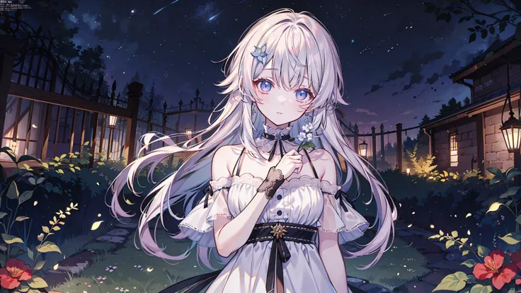 masterpiece, best quality, extreme detail, masterpiece, best quality, 4k, 8k, PIXIV, (illustration), a girl, upper body, dress, bare shoulders, garden, outdoor, long hair, night,