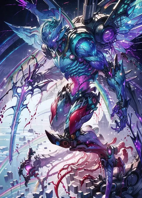 (whole body:1.2),detailed,ultra-detailed,masterpiece,8k wallpaper,<lora:BIOMECHA:1>,
,(bio mecha:1.3),(mecha:1.2),
,(muscle:1.5),(muscle tissue:1.3),(monster:1.4),(Animal tooth:1.2),violent,angry,blood-shot eye,laser,(acute:1.3),(spur:1.3),((((((rainbow)))))),((((Flying wing of mechanical dagger)))),