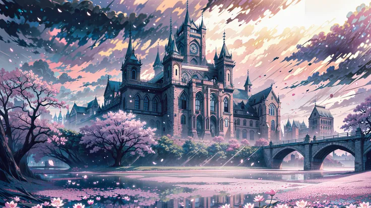 masterpiece, best quality, extreme detail, masterpiece, best quality, 4k, 8k, PIXIV, (illustration), scenery, landscape, nature, pond, garden, flower field, river, church, cherry blossom, depth of field, soft lighting, <hypernet:sxzBloom_sxzBloom:0.75>, <lora:add_detail:0.75>, panorama, wide shot, (castle), outdoor, ultra realistic, 32k, RAW photo, 8k, dslr, soft lighting, high quality, film grain, beautiful and aesthetic, extremely detailed, natural shadows, (cloudy sky), <lora:Iridescence:0.5>,