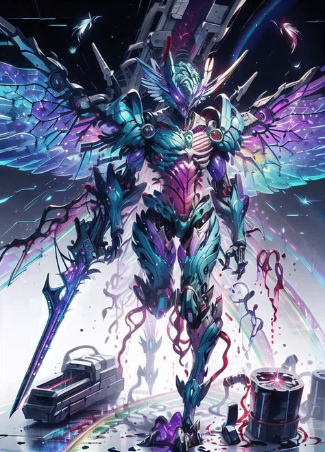 (whole body:1.2),detailed,ultra-detailed,masterpiece,8k wallpaper,<lora:BIOMECHA:1>,
,(bio mecha:1.3),(mecha:1.2),
,(muscle:1.5),(muscle tissue:1.3),(monster:1.4),(Animal tooth:1.2),violent,angry,blood-shot eye,laser,(acute:1.3),(spur:1.3),((((((rainbow)))))),((((Flying wing of mechanical dagger)))),