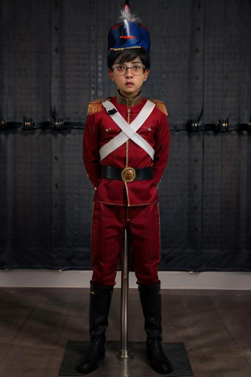 from the front, full photo, asian boy, wearing glasses, wearing christmas toy soldier costume, <lora:christmas_toy_soldier_costume-02:0.65>, dark, scared, despair, <lora:polestand2A:0.8> pole-stand, bondage collar, bondage handcuff, RAW photo, 8k uhd, (masterpiece), award winning, volumetric lighting