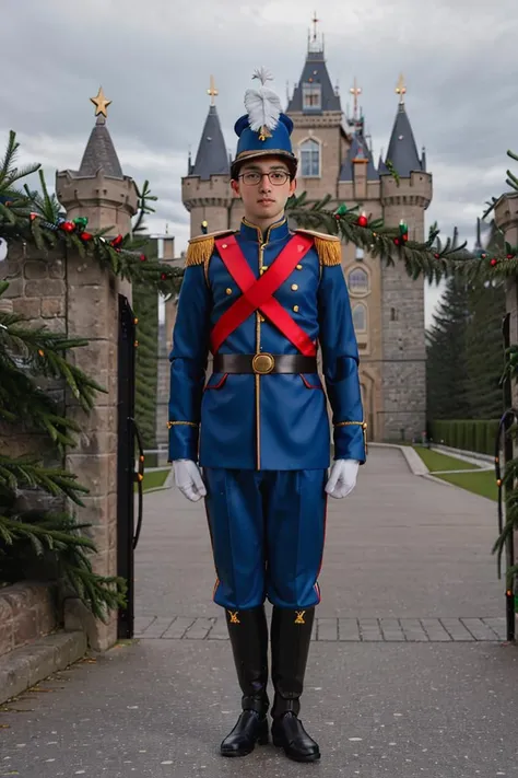 RAW photo, figma, a portrait photo of 20 y.o man wearing glasses, (wearing christmas toy soldier costume), (standing straight next to the castle gate), out door, full body, 8k uhd, high quality, film grain, Fujifilm XT3, <lora:christmas_toy_soldier_costume-02:0.6>, <lora:figmaAnimeFigures_figma:0.7>