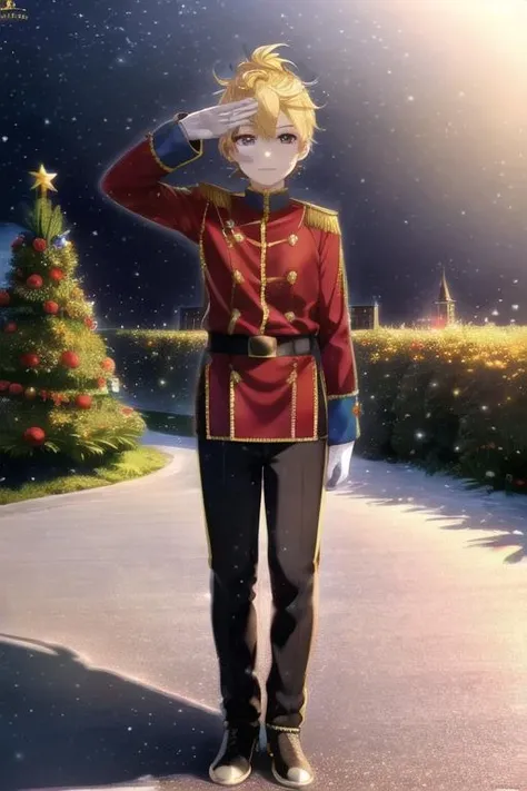 masterpiece, best quality, <lora:KagamineLenV1:0.7>, 1boy, Kagamine_Len, yellow hair, (8k:0.7), (detailed Background of a meadow:0.7), (dusk:0.6), moon, smile, (christmas toy soldier costume), <lora:christmas_toy_soldier_costume-02:0.6>, (standing:1.2), (saluting in front of a (Christmas castle:1.2)), full body
(denoise), (8k uhd), (extremely fine and beautiful, best quality, ultra-detailed), (sharp focus), (soft illumination, soft volumetric lighting, soft lighting, soft shadows), (ray tracing ambient occlusion), (masterpiece, post processing), intricate, ((stunning environment):1.2),
(side lighting, particle lighting, cinematic lighting), (light and shadows),
(detailed (boy hair, boy face, cloth):1.2)