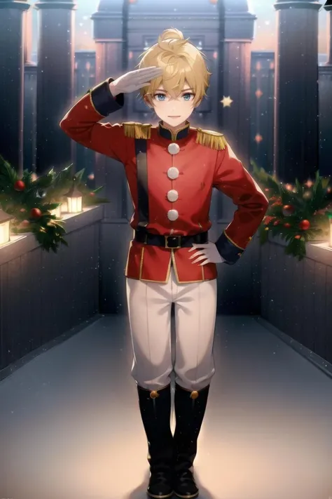 masterpiece, best quality, <lora:KagamineLenV1:0.7>, 1boy, Kagamine_Len, yellow hair, (8k:0.7), (detailed Background of a meadow:0.7), (dusk:0.6), moon, smile, (christmas toy soldier costume), <lora:christmas_toy_soldier_costume-02:0.6>, (standing:1.2), (saluting in front of a (Christmas castle:1.2)), full body
(denoise), (8k uhd), (extremely fine and beautiful, best quality, ultra-detailed), (sharp focus), (soft illumination, soft volumetric lighting, soft lighting, soft shadows), (ray tracing ambient occlusion), (masterpiece, post processing), intricate, ((stunning environment):1.2),
(side lighting, particle lighting, cinematic lighting), (light and shadows),
(detailed (boy hair, boy face, cloth):1.2)