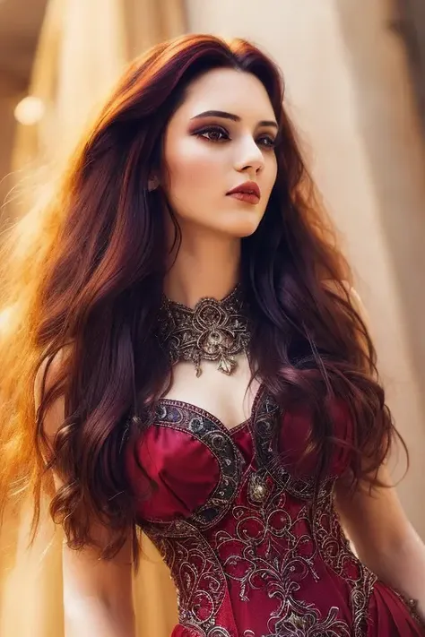 (Award Winning Photo:1.3) of (Ultra detailed:1.3),(Satisfying:1.3) a woman with red and gold dress, long wave dark red hair, jewerly in hairs, goth make up, epic, intricate details, look in camera, hyperdetailed, real skin, rtx, dramatic light <lora:Kendall_Jenner_Delib:0.9>,(by Artist WLOP:1.3),Highly Detailed,(Electric Colors:1.3),(close portrait:1.3),thematic background