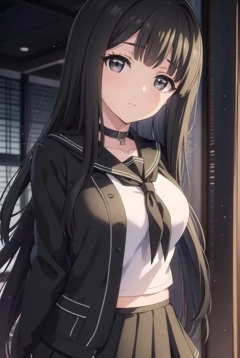 rinnebyakuya, <lora:rinne byakuya ova-lora-nochekaiser:1>,
rinne byakuya, long hair, bangs, black hair, (black eyes:1.5), blunt bangs,
BREAK skirt, thighhighs, long sleeves, school uniform, serafuku, choker, black thighhighs, black skirt, collar, zettai ryouiki, black serafuku,
BREAK indoors, classroom,
BREAK looking at viewer, (cowboy shot:1.5),
BREAK <lyco:GoodHands-beta2:1>, (masterpiece:1.2), best quality, high resolution, unity 8k wallpaper, (illustration:0.8), (beautiful detailed eyes:1.6), extremely detailed face, perfect lighting, extremely detailed CG, (perfect hands, perfect anatomy),