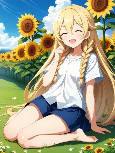 1girl, solo, HQ, :3, :d, ^_^, barefoot, blonde hair, blue sky, braid, closed eyes, cloud, cloudy sky, day, flower, grass, hair between eyes, hand up, long hair, open mouth, outdoors, shirt, short sleeves, side braid, sky, smile, sunflower, twin braids, very long hair, white shirt,