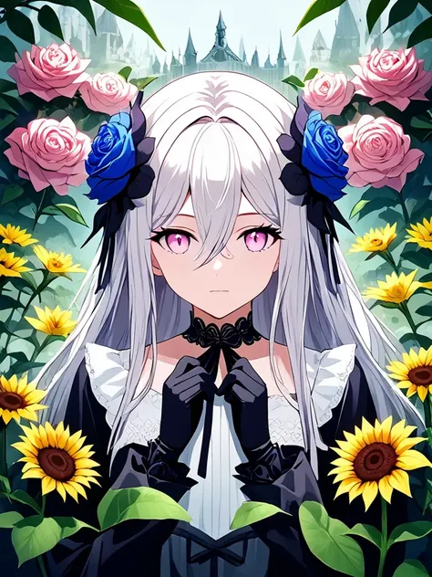 best quality, 1girl, flower, solo, yellow flower, sunflower, gloves, looking at viewer, blue flower, red flower, choker, spider lily, white flower, purple flower, chrysanthemum, upper body, black gloves, white hair, headgear, black choker, pink eyes, pink flower, ribbon, lily \(flower\), closed mouth, purple eyes, rose, daisy, neck ribbon, hair between eyes, long hair, petals, black flower, long sleeves, anemone \(flower\), blood