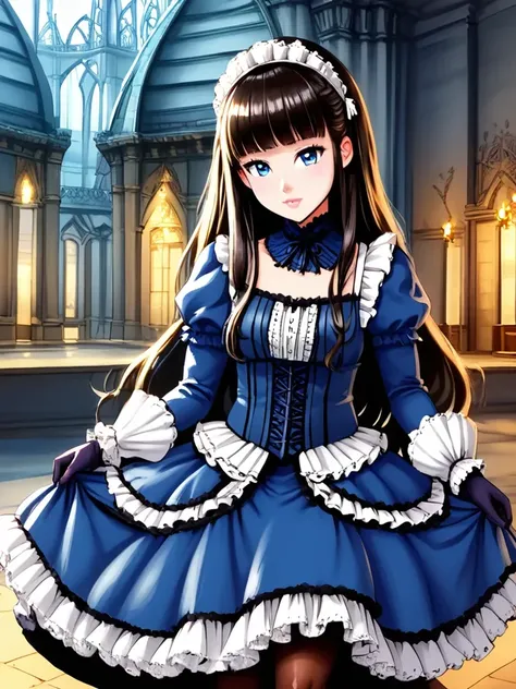 1girl,solo,long hair,blue dress,frills,pantyhose,gloves,looking at viewer,jewelry,bangs,ta_fashion, highly detailed,best quality,absurdres,detailed,HDR,natural light,