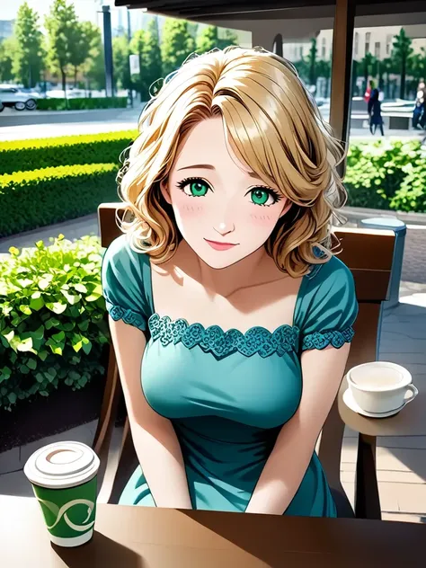 (high quality:1.4), (high resolution:1.3), (incredibly detailed:1.28), cinematic lighting, masterpiece, perfect anatomy, (pov:1.25),1woman,,Female in her 20s,mature woman, blonde hair ,blue-green eyes ,messy hair, shy,happy,happiness, whole body, knit dress, mini knit dress, outdoor cafe, sit on a chair and drink coffee,