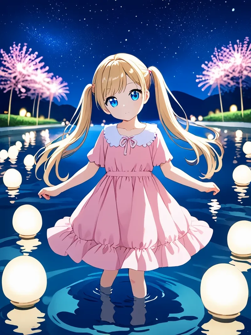 cute 1girl sitting on water's surface,wariza,blonde hair,blue eyes,twintails,pink dress,(Magnificent view:1.4),full body,head tilt,looking at viewer,(cowboy shot),late at night,(starry night sky:1.2),Nebula, clear sky,blurry,(depth of field:1.1),perspective