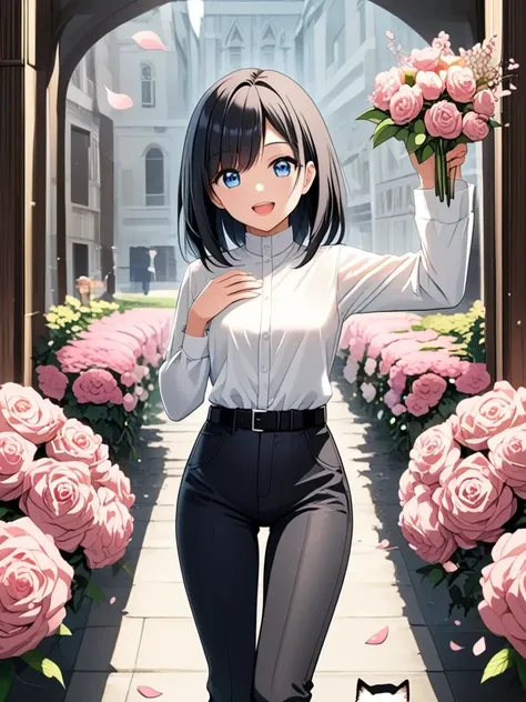 multiple girl, 2+girl, :d, arm up, belt, black belt, black hair, black pants, blue eyes, cat, knee shot, flower, hands up, holding, holding flower, long sleeves, looking at viewer, focus, medium hair, navel, open mouth, pants, petals, pink flower, rose, shirt, smile, solo, standing, white shirt,