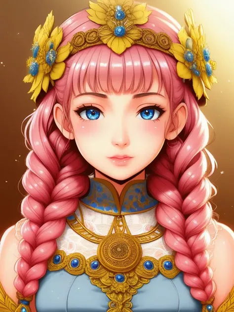 (hyperdetailed:1.1), (intricate details:1.0), (Refined details:1.1), (detailed radiant face:1.1), (best quality:1.1), octane render, 35mm, hdr, (intricate details, hyperdetailed:1.15),
intricate details, ai-generated, perfect anatomy, in RPG character drawing style. Young woman with blue eyes. Pink hair styled in two braids. She wears an old medallion around her neck where a flower is represented. Her head is topped with a simple flower crown. She is wearing a long, light bohemian style dress with a floral pattern.,