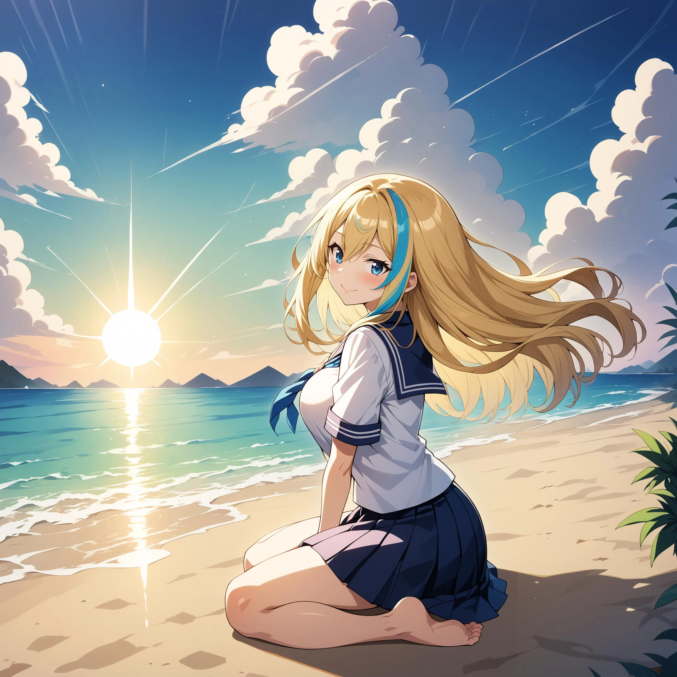 (masterpiece, best quality:1.2),absurdres,very aesthetic,ultra detailed,perfect lighting,beautiful face,1thumb,4fingers,
BREAK 1girl,solo,student,school uniform,white shirt,from side,looking at viewer,sitting,
BREAK ash blonde hair,((highlights hair, Blue streaked hair)),long hair,blue eyes,tsurime,blush,light smile,
BREAK large breasts,small hips,barefoot,
BREAK outdoors,beach,ocean,blue sky,summer,day,sunlight,wind,