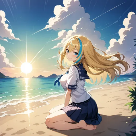 (masterpiece, best quality:1.2),absurdres,very aesthetic,ultra detailed,perfect lighting,beautiful face,1thumb,4fingers,
BREAK 1girl,solo,student,school uniform,white shirt,from side,looking at viewer,sitting,
BREAK ash blonde hair,((highlights hair, Blue streaked hair)),long hair,blue eyes,tsurime,blush,light smile,
BREAK large breasts,small hips,barefoot,
BREAK outdoors,beach,ocean,blue sky,summer,day,sunlight,wind,