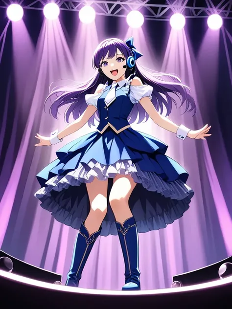 rating_explicit, High quality, Ultra detailed, best quality, insanely detailed, beautiful, masterpiece, prefect lighting, long hair, purple hair, bangs, purple eyes, hair bow, mole under eye, idol, wrist cuffs, shoulder cutout, white shirt, vest,white necktie, blue dress, frills, knee boots, 1girl, solo, standing, dancing, singing, laughing, headset, stage, concert, solo_focus, looking_at_viewer, from_below,