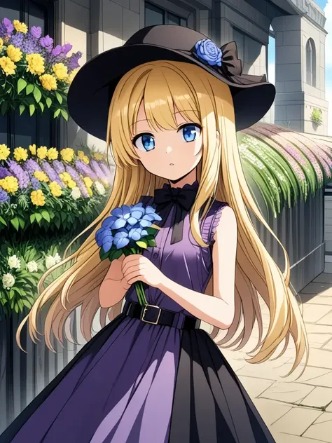1girl, solo, HQ, belt, black belt, black bow, black skirt, blonde hair, blue eyes, bow, dress, flower, hat, hat flower, holding flower, long hair, parted lips, purple dress, shirt, skirt, sleeveless shirt,