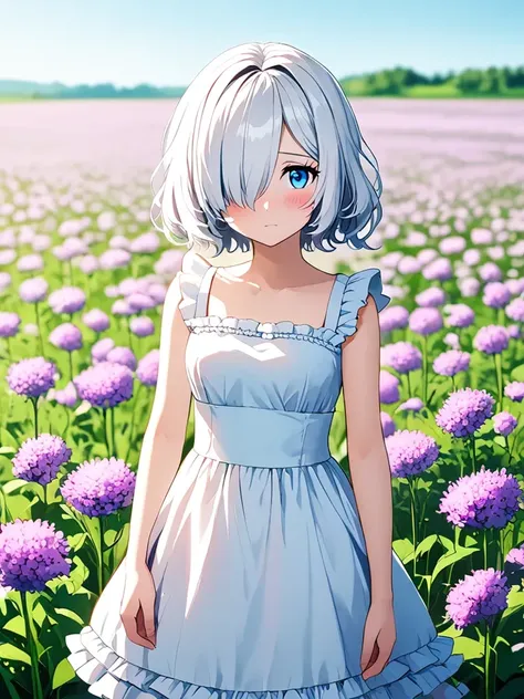 cute 1girl, white hair,messy bob cut,blue eyes,jitome,blush,shy,(hair over one eye),standing in a flower field, frilled dress,blurry,(depth of field:1.1),beautiful twilight sky,warm lighting,(Ephemeral Glow),looking at viewer,fluttering petals,serenity,