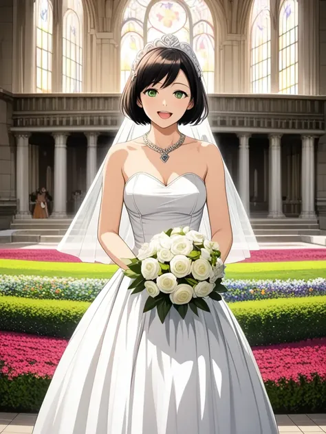 (absurdres, highres, ultra-detailed), (perfect anatomy), BREAK , (masterpiece, best quality, ultra-detailed, best shadow), (detailed background,dark fantasy), (beautiful detailed face), high contrast, (best illumination, an extremely delicate and beautiful), ((cinematic light)),aavillhaze, short hair, maid headdress, green eyes, breasts, short hair, green eyes, breasts, wedding dress, white dress, necklace, holding bouquet, garden, smile, open mouth, confetti,wind,