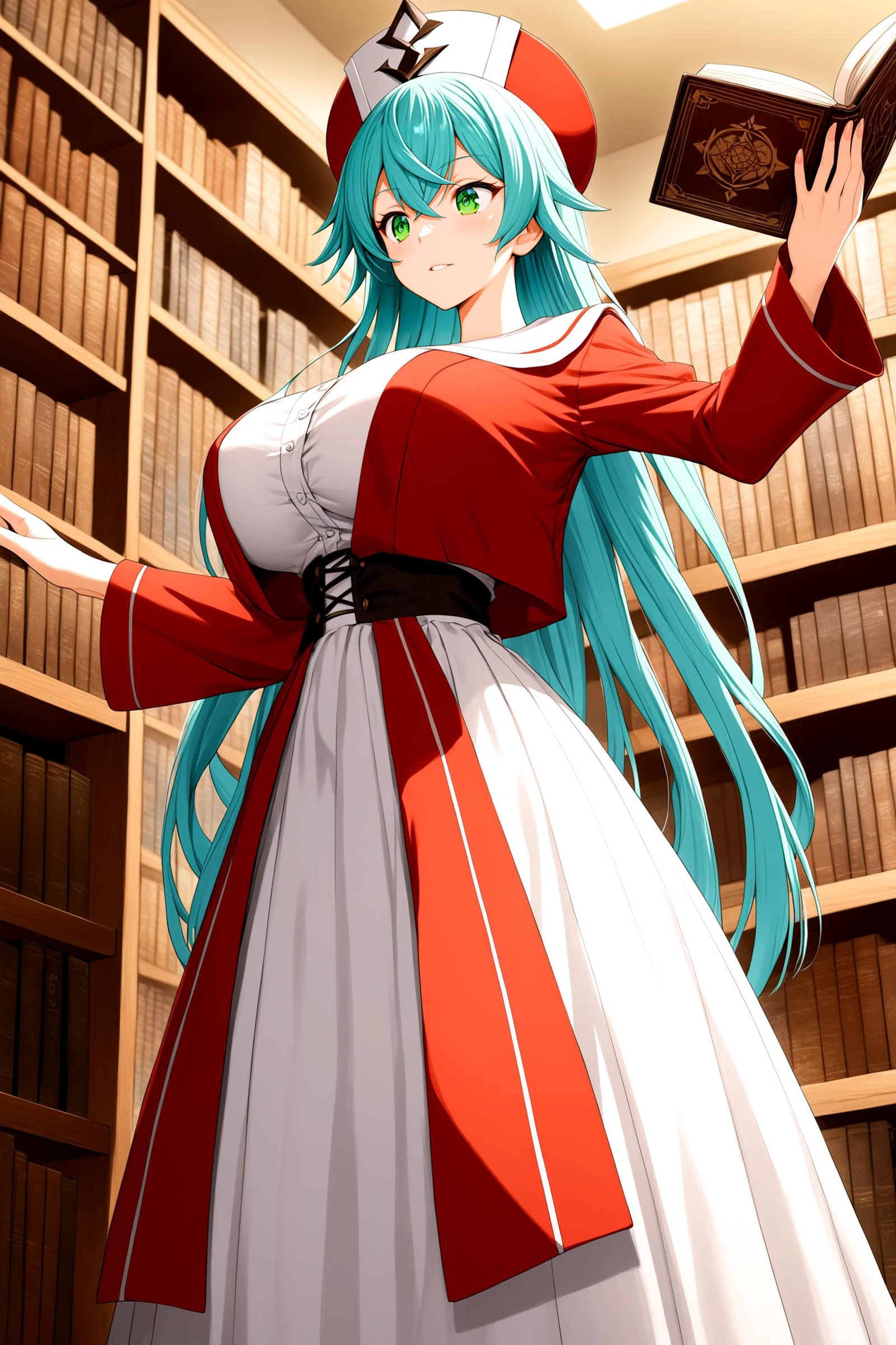 1girl,solo,whitch girl,(red whitch hat, red robe:1.1),(jacquard:1.3),white ciffon long skirt,black thighhighs,holding book,
BREAK hyper detailed face and eyes,from below,pastel colors,rating_safe,
BREAK blue green hair,very long hair,straight hair,green eyes,tsurime,looking at another,
BREAK huge breasts,model,slender,
BREAK indoors,library,bookshelf,pile of books,book stack,evening,