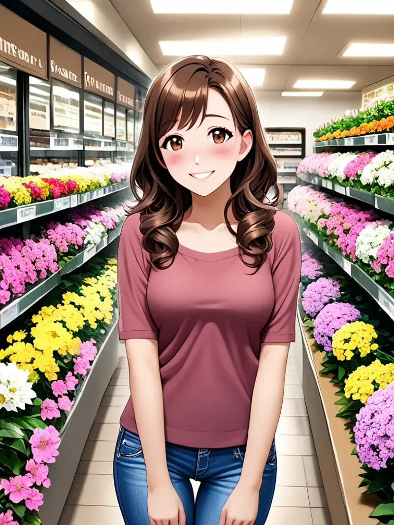 best quality, high quality, 1girl, cute, pretty, smile, long Brown hair, Brown eyes, looking at viewer, Medium breasts, perfect breasts, Clear and beautiful skin, embarrassing, blush, raised pubic bone, swelling of the pubic bone, blouse, jeans, pumps, flower shop, Looking at the flowers in front of the flower shop, Full of flowers