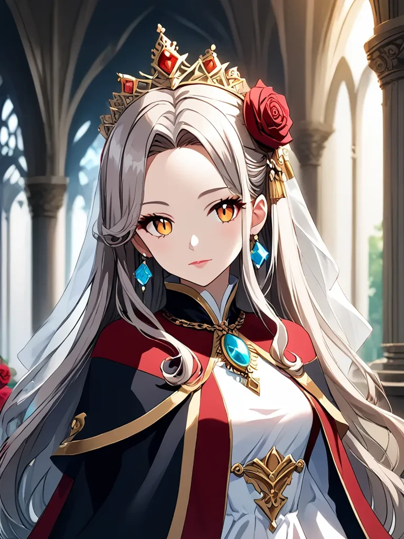1girl, solo, long hair, jewelry, looking at viewer, earrings, upper body, crown, closed mouth, bangs, orange eyes, indoors, flower, breasts, eyebrows visible through hair, gem, hair ornament, parted bangs, dress, long sleeves, headpiece, medium breasts, brown hair, window, brown eyes, swept bangs, grey hair, rose, tassel, headdress, red flower, silver hair, light brown hair, blurry background, expressionless, blurry, blush, gold trim, shirt, white shirt, red rose, necklace, white dress, yellow eyes, lips, red cape, very long hair, brooch, blonde hair, pillar, day, capelet, light particles, backlighting, tiara, eyelashes, cape, headwear, depth of field, sunlight, makeup, asymmetrical bangs, watermark, red eyes, white hair, small breasts, hat, simple background, straight hair, sidelocks, gold, pink lips, light smile, fantasy, sapphire (gemstone), chain, head tilt, ruby (gemstone), turtleneck, red capelet, wide sleeves, eyes visible through hair, veil, red dress, center frills, aiguillette, multicolored, hair flower, forehead, black jacket, lipstick, embroidery, pendant, column, high collar, collared shirt, dress of heaven, tsurime, slit pupils, ribbon