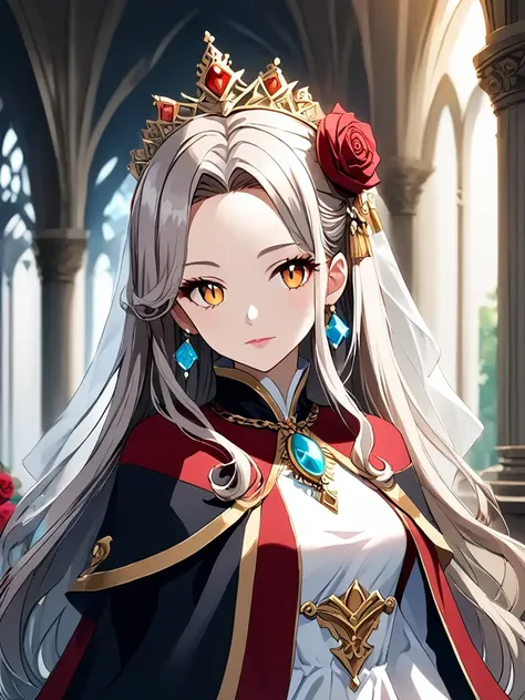 1girl, solo, long hair, jewelry, looking at viewer, earrings, upper body, crown, closed mouth, bangs, orange eyes, indoors, flower, breasts, eyebrows visible through hair, gem, hair ornament, parted bangs, dress, long sleeves, headpiece, medium breasts, brown hair, window, brown eyes, swept bangs, grey hair, rose, tassel, headdress, red flower, silver hair, light brown hair, blurry background, expressionless, blurry, blush, gold trim, shirt, white shirt, red rose, necklace, white dress, yellow eyes, lips, red cape, very long hair, brooch, blonde hair, pillar, day, capelet, light particles, backlighting, tiara, eyelashes, cape, headwear, depth of field, sunlight, makeup, asymmetrical bangs, watermark, red eyes, white hair, small breasts, hat, simple background, straight hair, sidelocks, gold, pink lips, light smile, fantasy, sapphire (gemstone), chain, head tilt, ruby (gemstone), turtleneck, red capelet, wide sleeves, eyes visible through hair, veil, red dress, center frills, aiguillette, multicolored, hair flower, forehead, black jacket, lipstick, embroidery, pendant, column, high collar, collared shirt, dress of heaven, tsurime, slit pupils, ribbon