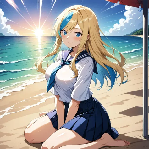 (masterpiece, best quality:1.2),absurdres,very aesthetic,ultra detailed,perfect lighting,beautiful face,1thumb,4fingers,
BREAK 1girl,solo,student,school uniform,white shirt,from side,looking at viewer,sitting,
BREAK ash blonde hair,((highlights hair, Blue streaked hair)),long hair,blue eyes,tsurime,blush,light smile,
BREAK large breasts,small hips,barefoot,
BREAK outdoors,beach,ocean,blue sky,summer,day,sunlight,wind,