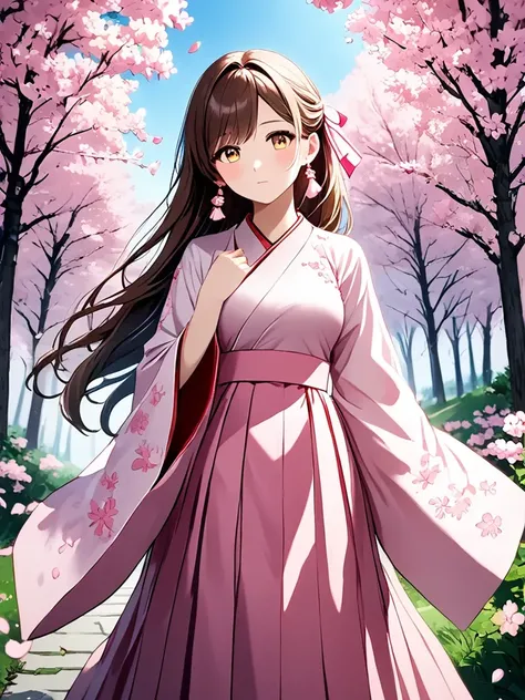 1girl, solo, long hair, close up face, pink hakama, cherry blossoms, floral print, looking at viewer, outdoors, wide sleeves, long sleeves, flower, brown hair, brown eyes, blush, standing, earrings, tree, day, pink flower, jewelry, medium breasts, floating hair, yellow eyes, hand up, flower earrings, branch, sidelocks, spring (season), :d, falling petals, feet out of frame, sunlight, hair ribbon, cowboy shot, blurry, masterpiece, best quality, very aesthetic, absurdres