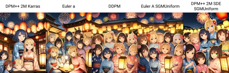 multiple girls, 6+girls, japanese clothes, brown hair, night, fireworks, kimono, blue eyes, hair ornament, black hair, sky, closed eyes, night sky, smile, green eyes, blonde hair, brown eyes, long hair, outdoors, animal ears, lantern, flower, ahoge, hair flower, food, looking at viewer, bangs, open mouth, twintails, blue hair, floral print, hair bun, sleeping, short hair, blue kimono