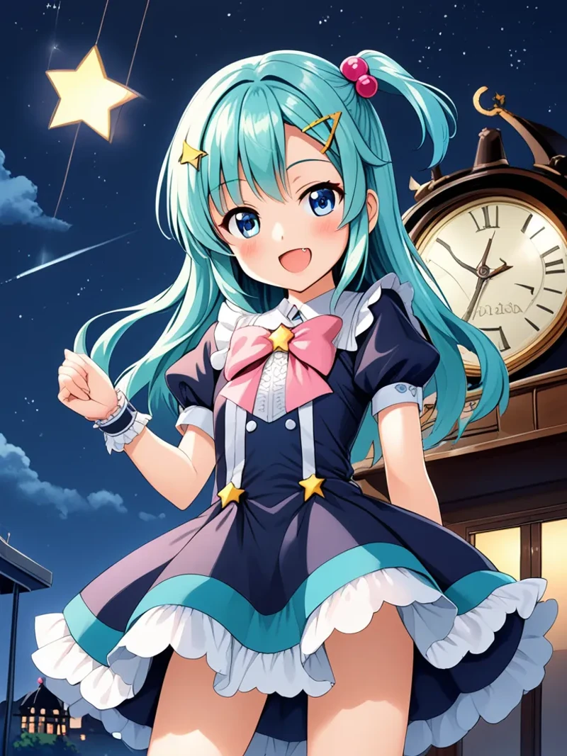 1girl, star (symbol), hair ornament, open mouth, solo, smile, blue eyes, sky, long hair, night, fang, blush, wrist cuffs, looking at viewer, :d, hairclip, clock, short sleeves, star hair ornament, bow, dress, night sky, one side up, outdoors, aqua hair, puffy short sleeves, star (sky), heart, hair bobbles, cloud, pink bow, bangs,