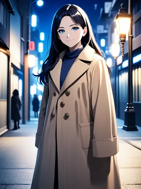 1girl, solo, , cowboy shot, (depth of field:1.2), (night), (long coat), downtown, (street light:1.1), (Fantastic lighting), looking at viewer, black hair, long hair, [smile], (Closed mouth), best quality, 4K, ultra detailed CG, highres, source_anime, newest