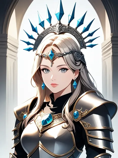 1girl, solo, armor, long hair, earrings, looking at viewer, jewelry, shoulder armor, upper body, grey eyes, breastplate, pauldrons, closed mouth, headpiece, lips, breasts, blonde hair, gem, grey hair,