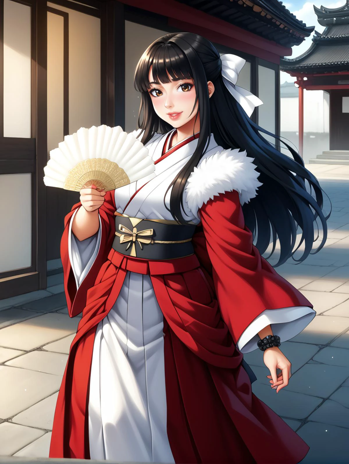 epic-Ultra-HD-details, epic-Ultra-HD-highlights, anime-upscaled-resolution, anime-quality, flat-color, lit, cutesie,
50mm lens, aperture opening of f/4.0, cowboy shot, vivid colors like HDR+, sharp focus, Sophisticated sensual tableaus, high quality,
a female Japanese miko, brown eyes, black hair, long hair, lips, makeup, hand fan, jyojifuku, kosode, hakama, koshi-ita, beaded bracelet, hair ribbons, sandals, (holding hand fan over head), (dancing before the ancient Japanese shrines), outdoors,
<lora:Wilhelmina_Dragons_Dogma:0.8> <lora:miko_XL_V1.0:0.8><lora:concept_overshoulder_ponyXL:0.9>