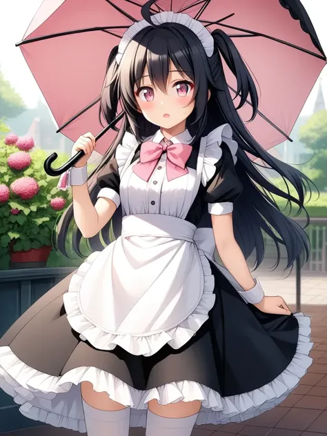 multiple girl, 2+girl, ahoge, apron, black eyes, black hair, blush, bow, bowtie, collared shirt, dress, frilled apron, frilled skirt, frills, hair between eyes, hand up, holding, holding umbrella, light blush, long hair, looking at viewer, maid, neck ribbon, open mouth, pink bow, pink bowtie, pink eyes, puffy short sleeves, puffy sleeves, red ribbon, ribbon, shirt, short sleeves, skirt, solo, sweatdrop, thighhighs, two side up, umbrella, waist apron, white apron, white thighhighs, wrist cuffs,