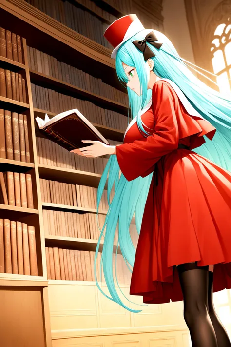 1girl,solo,whitch girl,(red whitch hat, red robe:1.1),(jacquard:1.3),white ciffon long skirt,black thighhighs,holding book,
BREAK hyper detailed face and eyes,from below,pastel colors,rating_safe,
BREAK blue green hair,very long hair,straight hair,green eyes,tsurime,looking at another,
BREAK huge breasts,model,slender,
BREAK indoors,library,bookshelf,pile of books,book stack,evening,