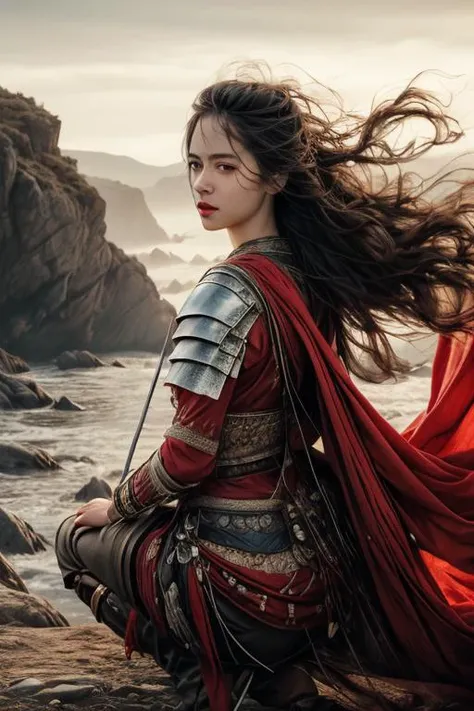 a profestional picutre of alivik01-7250 , with Slender-Petite - A delicate and lean body with minimal curves. , 1girl, <lora:Chinese armor_20230810174026:0.7> general, warrior, armor, cape, Ranger's Watch: Description: Crouched atop a rocky outcrop, the ranger gazes out over the wilderness through a spyglass. Their clothing blends with the terrain, and their body is tense, attuned to the slightest movement. The wind rustles through their hair as they act as the eyes and ears of the land. , camera angle from behind and feet out of frame, photorealism,unreal 5 daz,perfectly drawed hands,perfectly drawed face,perfect body,extremely detailed artgerm greg rutkowski greg,((ultrasharp)),((masterpiece)),((best quality)),((ultradetailed)),((intricated details)),ultradetailed character,detailed face,intricated face details,<lyco:GoodHands-beta2:1>,extremaly detailed background,perfectly detailed face,character focus,intricated details of face,fFaceDetail <lora:add_detail:0.7> ultra realistic,32k,RAW photo,(high detailed skin:1.2),8k uhd,dslr,soft lighting,high quality,film grain, beautiful and aesthetic,extremely detailed