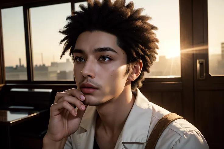 an awarded profesional photography of (1man:1.3) German with yellow eyes with male parted afro hairstyle and soul patch shaving in chocolate brown color, dressed as Ranger glasgow smile, With one hand lightly touching her chin, she looks upwards, lost in deep contemplation in WWII, London during the Blitz, rubble, blackout curtains, air raid shelters, barrage balloons, searchlights ,(epic scene:1.3),ultradetialed character with perfect face,detailed skin,(ultrasharp:1.3),(masterpiece:1.1),best quality,(photorealistic:1.2),ultrarealistic,realistic ultradetailed character,4k perfect quality, <lyco:GoodHands-beta2:1> by by Gregory Crewdson Sunrise/Sunset Lighting camera angle from side and portrait Magnificent,Imperceptible detail,Intricately designed, (perfect quality face:1.5) hyper-detailed complex, insanely detailed, detailed clothes, detailed skin, detailed body, , 1man, realistic lights, realistic shadows, profesional photo