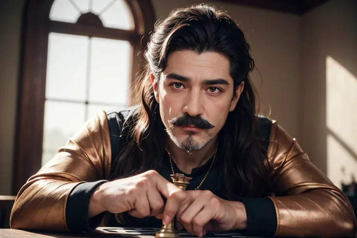an awarded profesional photography of (1man:1.3) satyr with Steel gray eyes with male curly hair hairstyle and Chevron mustache in copper color, dressed like a wizard sigh, playing a game chess piece in prison ,(epic scene:1.3),ultradetialed character with perfect face,detailed skin,(ultrasharp:1.3),(masterpiece:1.1),best quality,(photorealistic:1.2),ultrarealistic,realistic ultradetailed character,4k perfect quality, <lyco:GoodHands-beta2:1> by Dmitriy Yoav Reinshtein Footlight camera angle dutch angle and portrait Magnificent,Imperceptible detail,Intricately designed, (perfect quality face:1.5) hyper-detailed complex, insanely detailed, detailed clothes, detailed skin, detailed body, , 1man, realistic lights, realistic shadows, profesional photo