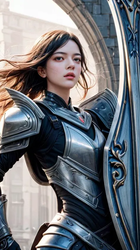 a profestional picutre of loganpolish , with Lean - A slender and athletic body with subtle curves. , 1girl, <lora:hailoknight12:0.7>hailoknight, holding weapon, full armor, helmet, breastplate, knight, Defensive Shield Wall: Description: In a tight formation with comrades, the character stands with their shield raised to shoulder height. They angle the shield slightly to overlap with their neighbor's shield, creating a protective barrier. Their weapon is held at the ready behind the shield, prepared to strike at any moment. Their expression is focused and determined, ready to repel an enemy advance. , camera angle from behind and focus on face, photorealism,unreal 5 daz,perfectly drawed hands,perfectly drawed face,perfect body,extremely detailed artgerm greg rutkowski greg,((ultrasharp)),((masterpiece)),((best quality)),((ultradetailed)),((intricated details)),ultradetailed character,detailed face,intricated face details,<lyco:GoodHands-beta2:1>,extremaly detailed background,perfectly detailed face,character focus,intricated details of face,fFaceDetail <lora:add_detail:0.7> ultra realistic,32k,RAW photo,(high detailed skin:1.2),8k uhd,dslr,soft lighting,high quality,film grain, beautiful and aesthetic,extremely detailed