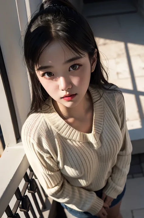 (masterpiece:1.2, best quality), 1girl, dramatic lighting, model pose, (from above:1.3), in balcony, outside, ribbed sweater,