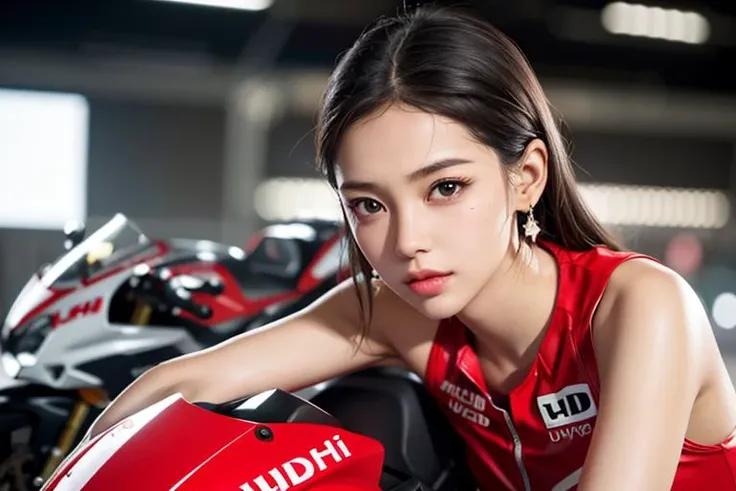 (UHD, RAW photo, realistic, photo-realistic:1.5), film grain, crystal clear, studio lighting, rim light, ultra quality, sharp focus, tack sharp, 1girl 24 years old, highlight hair, earrings, highly detailed glossy eyes, looking at the camera, high detailed skin, skin pores, wearing race queen costume, holding a helmet, cowboy shot, sitting on Ducati, (racing track background)
