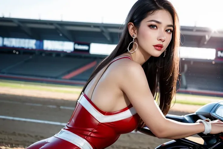 (UHD, RAW photo, realistic, photo-realistic:1.5), film grain, crystal clear, studio lighting, rim light, ultra quality, sharp focus, tack sharp, 1girl 24 years old, highlight hair, earrings, highly detailed glossy eyes, looking at the camera, high detailed skin, skin pores, wearing race queen outfit, cowboy shot, sitting on Ducati, racing track background