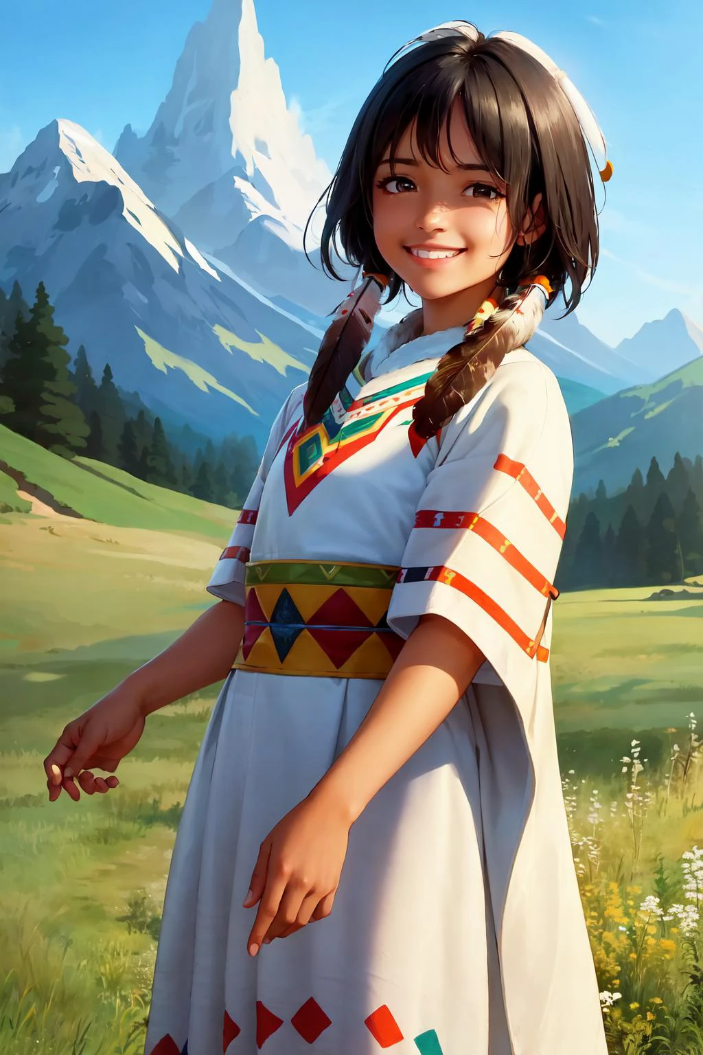 (masterpiece:1.2), (best quality:1.2), perfect eyes, perfect face, volumetric lighting, 1girl, mature female, dark-skinned, brown eyes, smiling, excited, NativAm, a woman in a native dress , wearing NativAm, feathers on her head , native gown, native print, meadow, mountains, sky, clouds, trees, rocks <lora:nativeAmerican_v10:0.75>