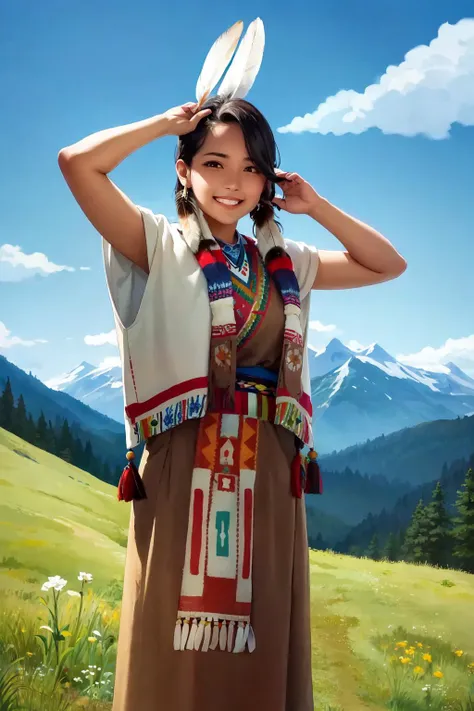 (masterpiece:1.2), (best quality:1.2), perfect eyes, perfect face, volumetric lighting, 1girl, mature female, dark-skinned, brown eyes, smiling, excited, NativAm, a woman in a native dress , wearing NativAm, feathers on her head , native gown, native print, meadow, mountains, sky, clouds, trees, rocks  <lora:nativeAmerican_v10:0.75>