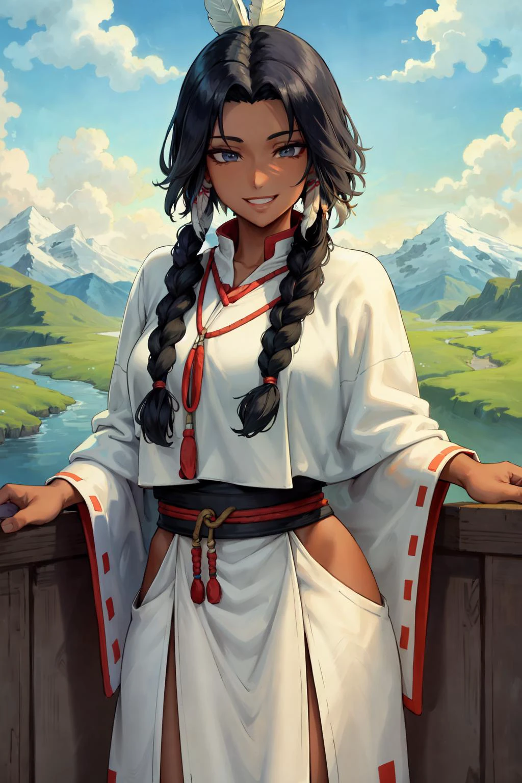 (masterpiece:1.2), (best quality:1.2), perfect eyes, perfect face, volumetric lighting, 1girl, mature female, dark-skinned, dark eyes, smiling, excited, NativAm, a woman in a native dress , wearing NativAm, feathers on her head , braids, native gown, native print, meadow, mountains, sky, clouds <lora:nativeAmerican_v10:0.75>