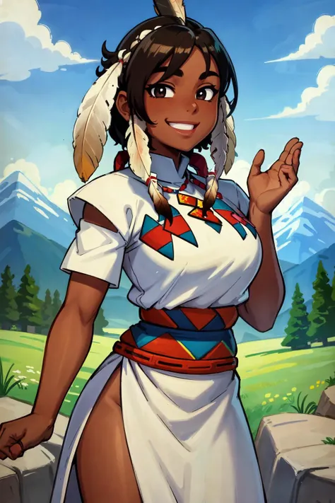 (masterpiece:1.2), (best quality:1.2), perfect eyes, perfect face, volumetric lighting, 1girl, mature female, dark-skinned, brown eyes, smiling, excited, NativAm, a woman in a native dress , wearing NativAm, feathers on her head , native gown, native print, meadow, mountains, sky, clouds, trees, rocks <lora:nativeAmerican_v10:0.75>